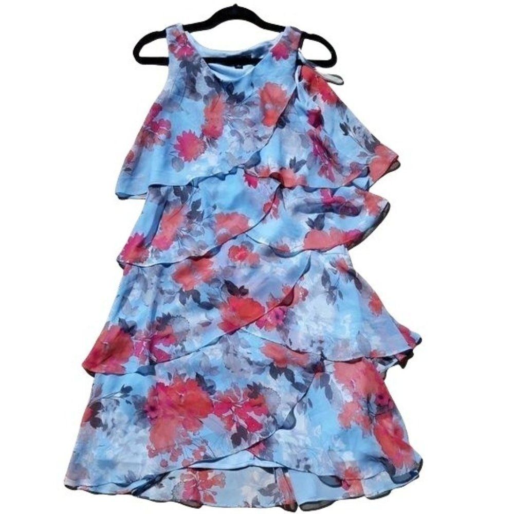 90's S.L.‎ Fashions Crinkle Tiered Ruffle Midi Dress Blue Cherry Blossom Sz 8